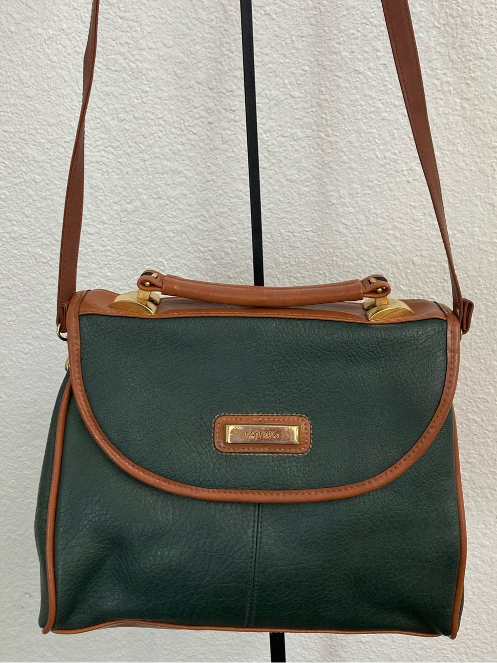 Vintage Capezio Faux Leather Handbag Dark Green Cognac Brown 1990s Y2K